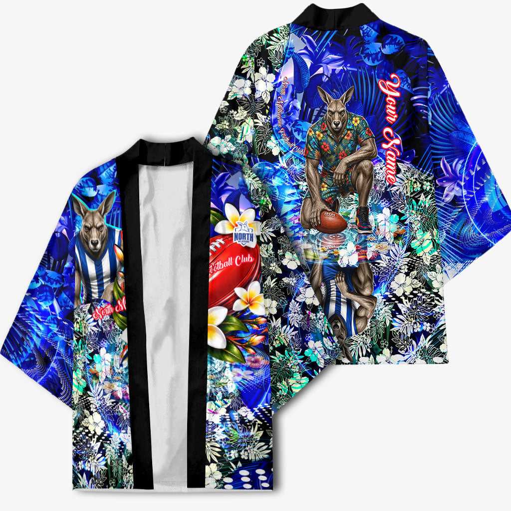 Personalized North Melbourne Football Kangaroos Kimono Tropical Hibiscus Flowers - Pacific Fusion Style