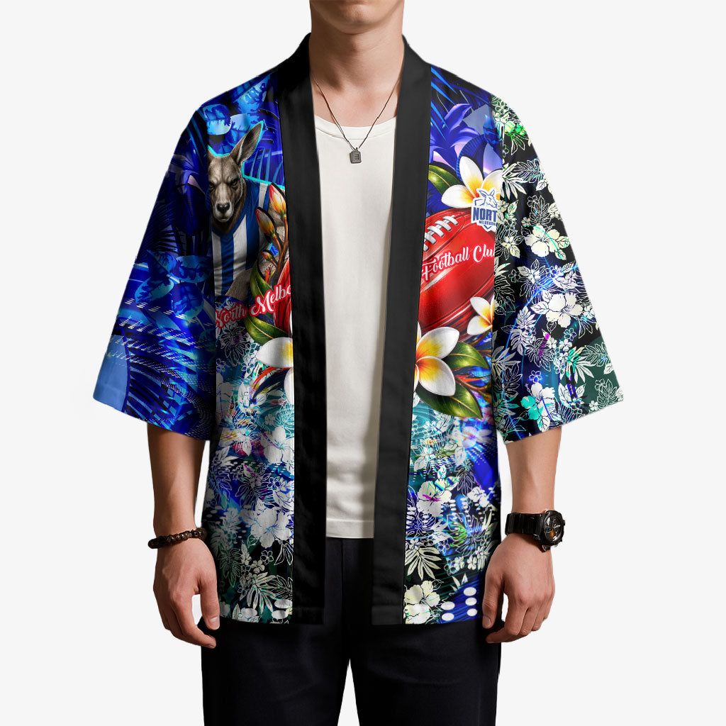 Personalized North Melbourne Football Kangaroos Kimono Tropical Hibiscus Flowers - Pacific Fusion Style