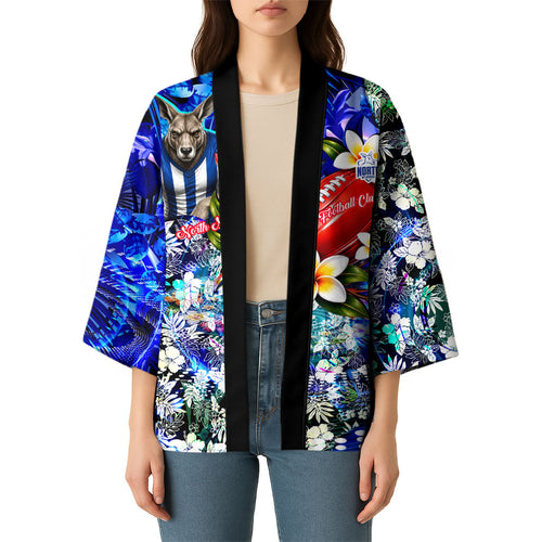 Personalized North Melbourne Football Kangaroos Kimono Tropical Hibiscus Flowers - Pacific Fusion Style