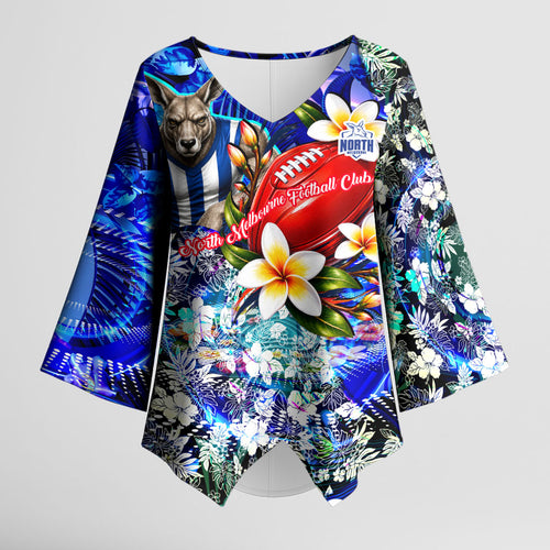 Personalized North Melbourne Football Kangaroos Kimono Sleeve Blouse Tropical Hibiscus Flowers - Pacific Fusion Style