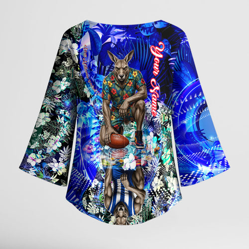 Personalized North Melbourne Football Kangaroos Kimono Sleeve Blouse Tropical Hibiscus Flowers - Pacific Fusion Style