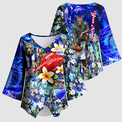 Personalized North Melbourne Football Kangaroos Kimono Sleeve Blouse Tropical Hibiscus Flowers - Pacific Fusion Style