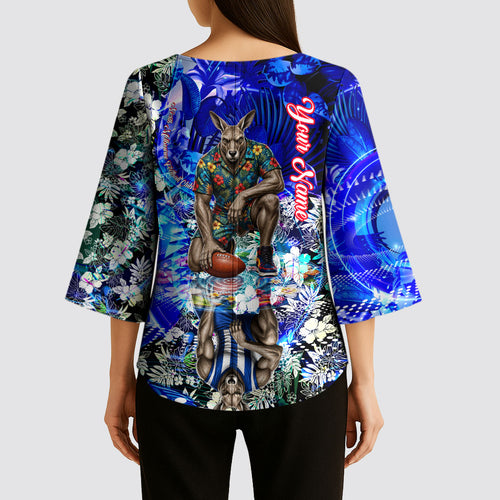 Personalized North Melbourne Football Kangaroos Kimono Sleeve Blouse Tropical Hibiscus Flowers - Pacific Fusion Style