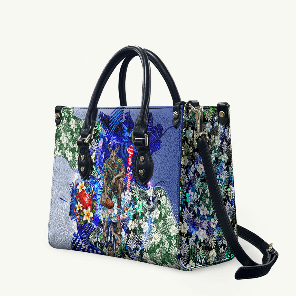 Personalized North Melbourne Football Kangaroos Leather Bag Tropical Hibiscus Flowers - Pacific Fusion Style