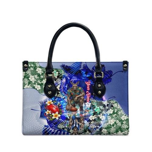 Personalized North Melbourne Football Kangaroos Leather Bag Tropical Hibiscus Flowers - Pacific Fusion Style