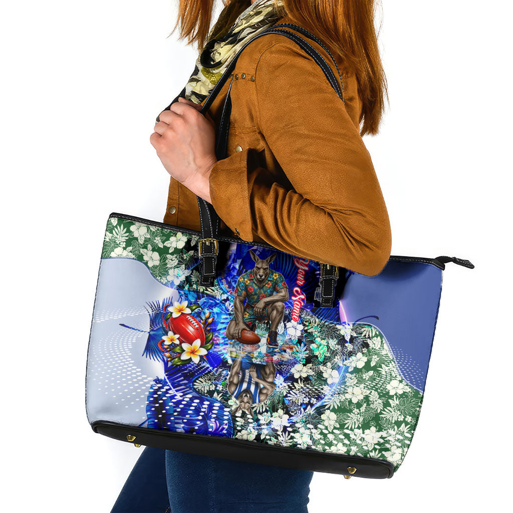 Personalized North Melbourne Football Kangaroos Leather Tote Bag Tropical Hibiscus Flowers - Pacific Fusion Style