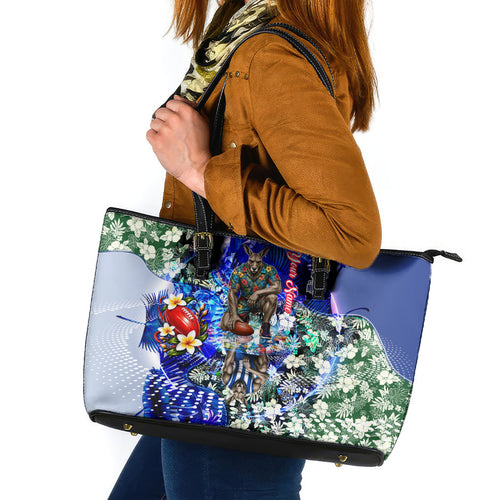Personalized North Melbourne Football Kangaroos Leather Tote Bag Tropical Hibiscus Flowers - Pacific Fusion Style