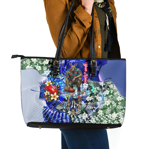 Personalized North Melbourne Football Kangaroos Leather Tote Bag Tropical Hibiscus Flowers - Pacific Fusion Style