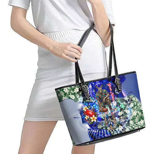 Personalized North Melbourne Football Kangaroos Leather Tote Bag Tropical Hibiscus Flowers - Pacific Fusion Style