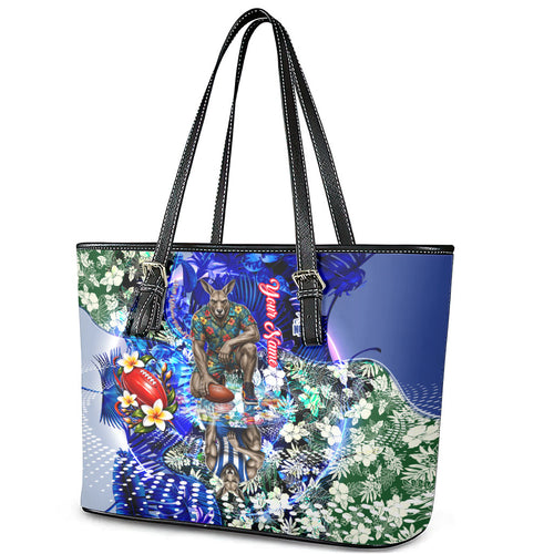 Personalized North Melbourne Football Kangaroos Leather Tote Bag Tropical Hibiscus Flowers - Pacific Fusion Style