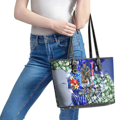 Personalized North Melbourne Football Kangaroos Leather Tote Bag Tropical Hibiscus Flowers - Pacific Fusion Style