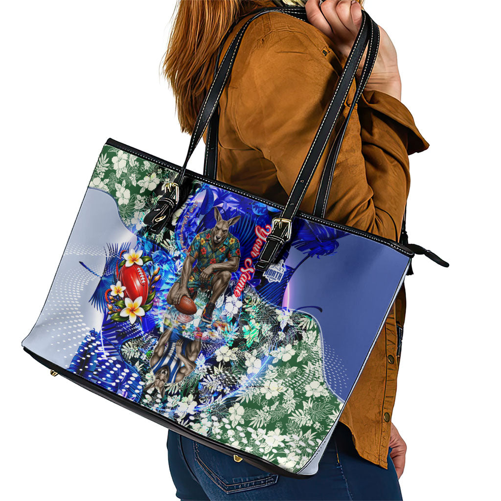 Personalized North Melbourne Football Kangaroos Leather Tote Bag Tropical Hibiscus Flowers - Pacific Fusion Style
