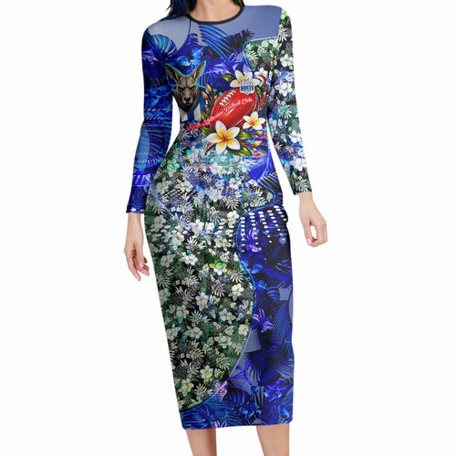 Personalized North Melbourne Football Kangaroos Long Sleeve Bodycon Dress Tropical Hibiscus Flowers - Pacific Fusion Style
