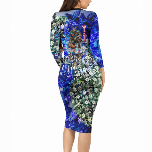 Personalized North Melbourne Football Kangaroos Long Sleeve Bodycon Dress Tropical Hibiscus Flowers - Pacific Fusion Style