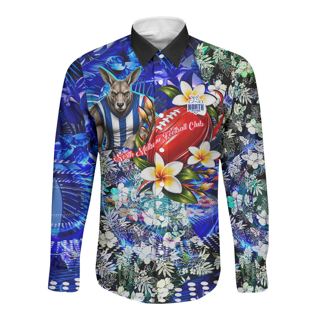 Personalized North Melbourne Football Kangaroos Long Sleeve Button Shirt Tropical Hibiscus Flowers - Pacific Fusion Style