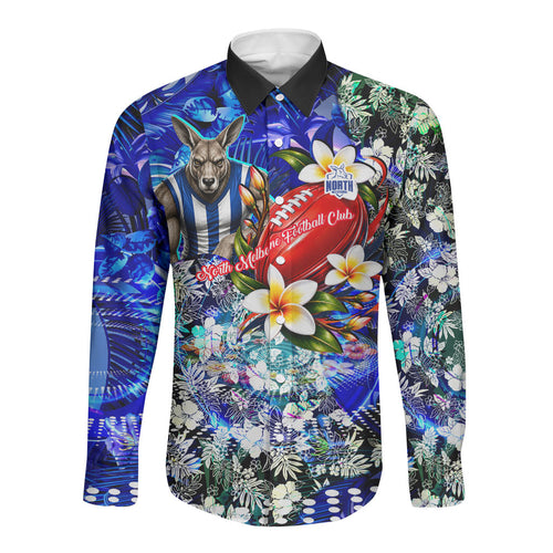 Personalized North Melbourne Football Kangaroos Long Sleeve Button Shirt Tropical Hibiscus Flowers - Pacific Fusion Style