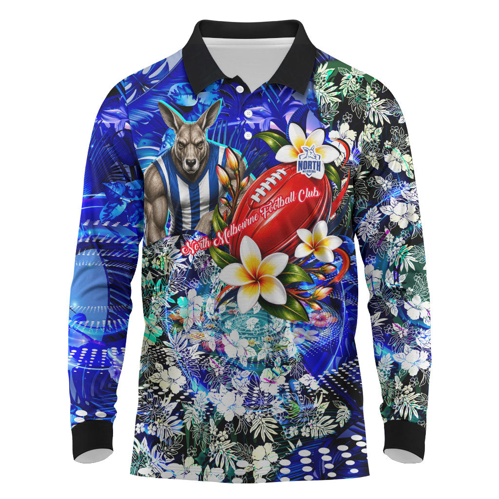 Personalized North Melbourne Football Kangaroos Long Sleeve Polo Shirt Tropical Hibiscus Flowers - Pacific Fusion Style
