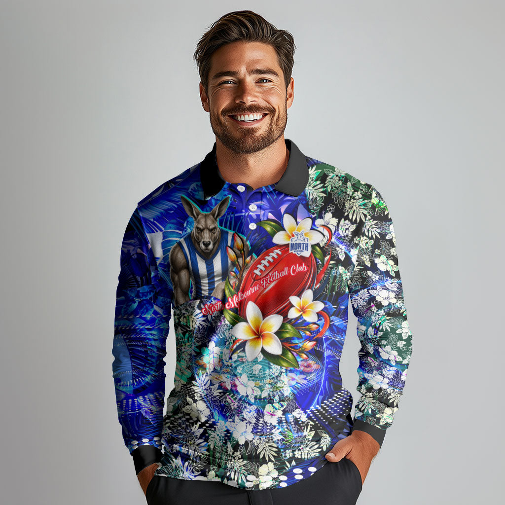 Personalized North Melbourne Football Kangaroos Long Sleeve Polo Shirt Tropical Hibiscus Flowers - Pacific Fusion Style
