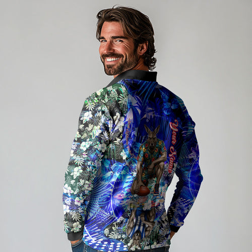 Personalized North Melbourne Football Kangaroos Long Sleeve Polo Shirt Tropical Hibiscus Flowers - Pacific Fusion Style
