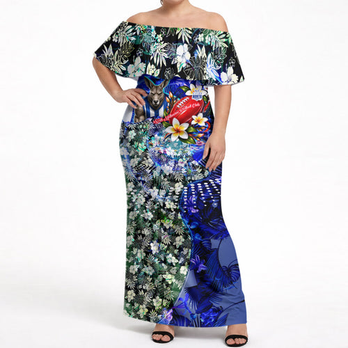 Personalized North Melbourne Football Kangaroos Off Shoulder Maxi Dress Tropical Hibiscus Flowers - Pacific Fusion Style