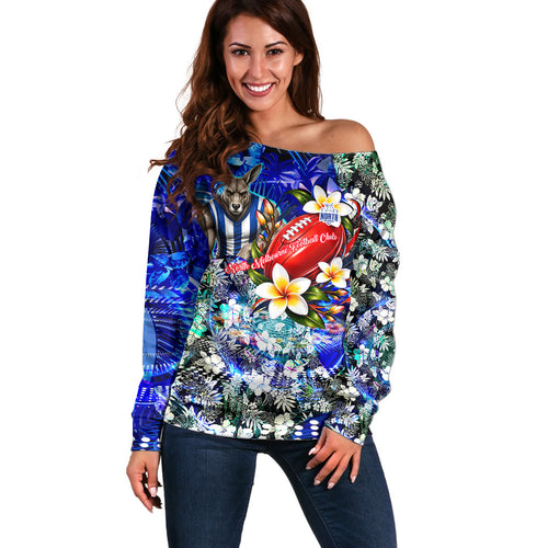 Personalized North Melbourne Football Kangaroos Off Shoulder Sweater Tropical Hibiscus Flowers - Pacific Fusion Style