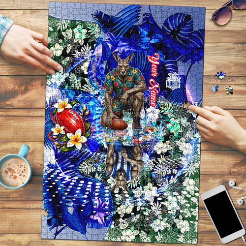 Personalized North Melbourne Football Kangaroos Puzzle Tropical Hibiscus Flowers - Pacific Fusion Style