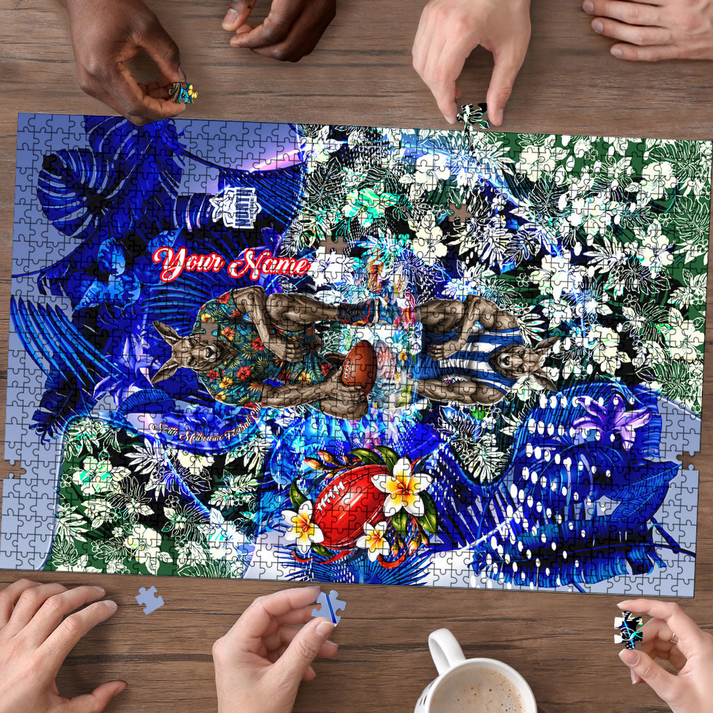 Personalized North Melbourne Football Kangaroos Puzzle Tropical Hibiscus Flowers - Pacific Fusion Style