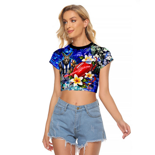 Personalized North Melbourne Football Kangaroos Raglan Cropped T Shirt Tropical Hibiscus Flowers - Pacific Fusion Style