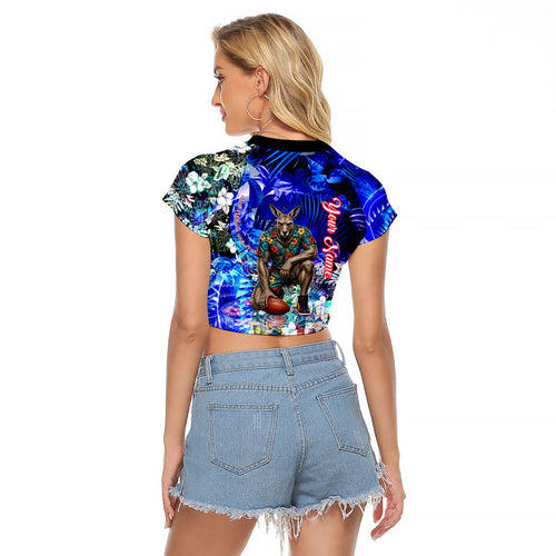Personalized North Melbourne Football Kangaroos Raglan Cropped T Shirt Tropical Hibiscus Flowers - Pacific Fusion Style