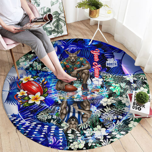 Personalized North Melbourne Football Kangaroos Round Carpet Tropical Hibiscus Flowers - Pacific Fusion Style