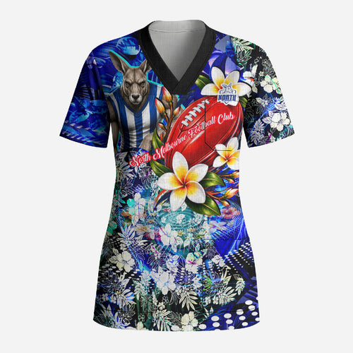 Personalized North Melbourne Football Kangaroos Scrub Top Tropical Hibiscus Flowers - Pacific Fusion Style