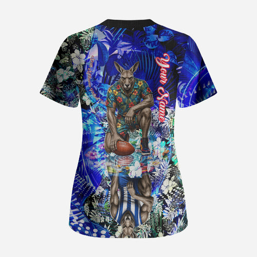 Personalized North Melbourne Football Kangaroos Scrub Top Tropical Hibiscus Flowers - Pacific Fusion Style