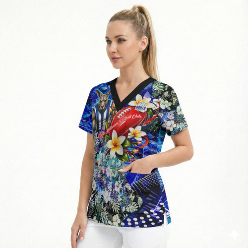 Personalized North Melbourne Football Kangaroos Scrub Top Tropical Hibiscus Flowers - Pacific Fusion Style