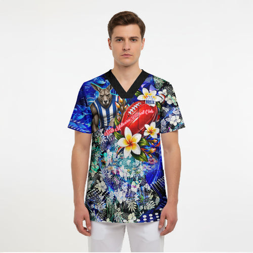 Personalized North Melbourne Football Kangaroos Scrub Top Tropical Hibiscus Flowers - Pacific Fusion Style