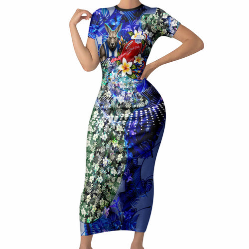 Personalized North Melbourne Football Kangaroos Short Sleeve Bodycon Dress Tropical Hibiscus Flowers - Pacific Fusion Style