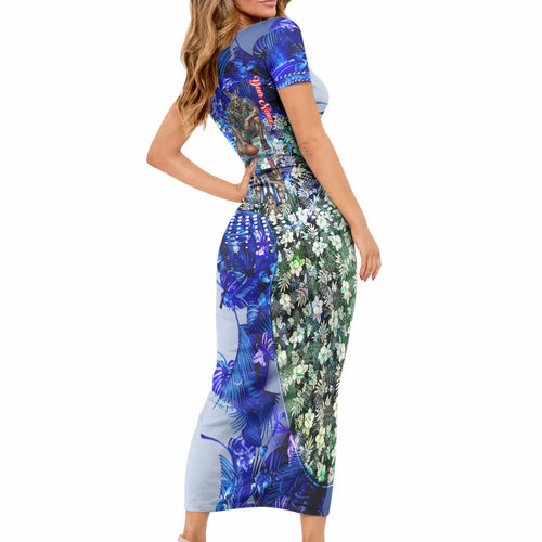 Personalized North Melbourne Football Kangaroos Short Sleeve Bodycon Dress Tropical Hibiscus Flowers - Pacific Fusion Style