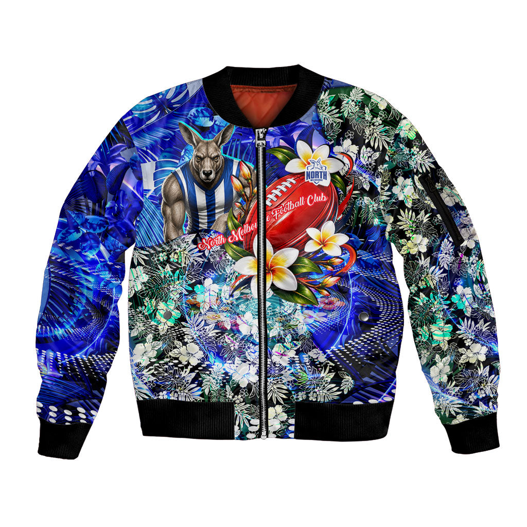 Personalized North Melbourne Football Kangaroos Sleeve Zip Bomber Jacket Tropical Hibiscus Flowers - Pacific Fusion Style