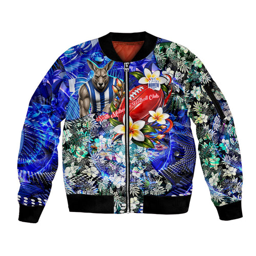Personalized North Melbourne Football Kangaroos Sleeve Zip Bomber Jacket Tropical Hibiscus Flowers - Pacific Fusion Style