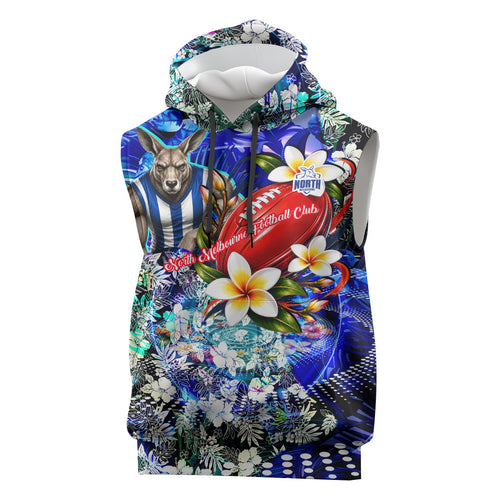 Personalized North Melbourne Football Kangaroos Sleeveless Hoodie Tropical Hibiscus Flowers - Pacific Fusion Style