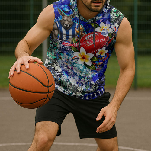 Personalized North Melbourne Football Kangaroos Sleeveless Hoodie Tropical Hibiscus Flowers - Pacific Fusion Style