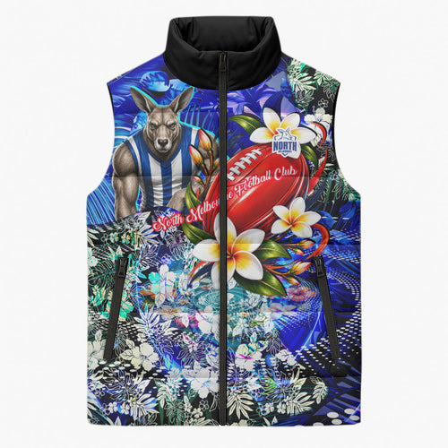 Personalized North Melbourne Football Kangaroos Sleeveless Puffer Jacket Tropical Hibiscus Flowers - Pacific Fusion Style