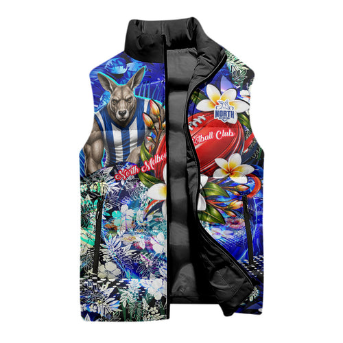Personalized North Melbourne Football Kangaroos Sleeveless Puffer Jacket Tropical Hibiscus Flowers - Pacific Fusion Style