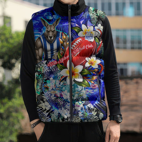 Personalized North Melbourne Football Kangaroos Sleeveless Puffer Jacket Tropical Hibiscus Flowers - Pacific Fusion Style