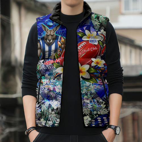 Personalized North Melbourne Football Kangaroos Sleeveless Puffer Jacket Tropical Hibiscus Flowers - Pacific Fusion Style