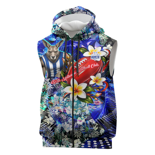 Personalized North Melbourne Football Kangaroos Sleeveless Zip Hoodie Tropical Hibiscus Flowers - Pacific Fusion Style