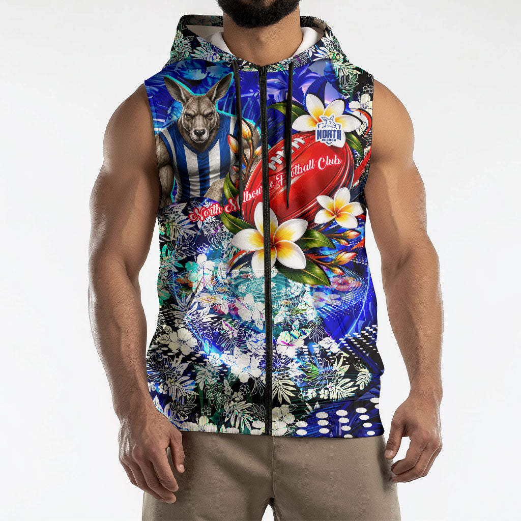 Personalized North Melbourne Football Kangaroos Sleeveless Zip Hoodie Tropical Hibiscus Flowers - Pacific Fusion Style