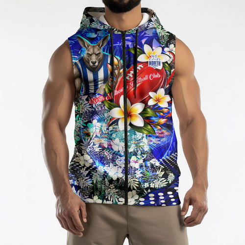 Personalized North Melbourne Football Kangaroos Sleeveless Zip Hoodie Tropical Hibiscus Flowers - Pacific Fusion Style
