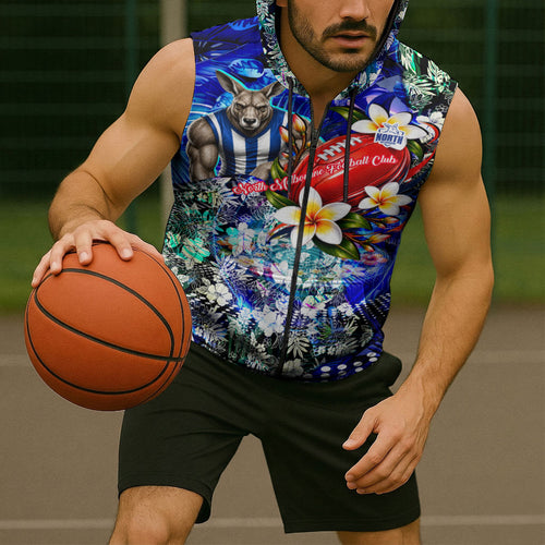 Personalized North Melbourne Football Kangaroos Sleeveless Zip Hoodie Tropical Hibiscus Flowers - Pacific Fusion Style