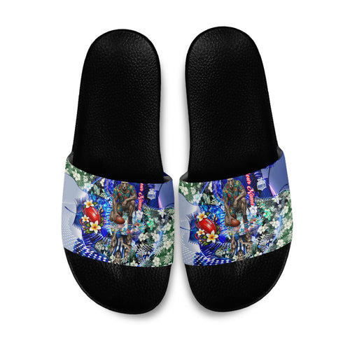 Personalized North Melbourne Football Kangaroos Slide Sandals Tropical Hibiscus Flowers - Pacific Fusion Style