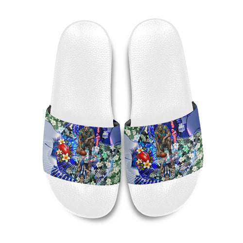 Personalized North Melbourne Football Kangaroos Slide Sandals Tropical Hibiscus Flowers - Pacific Fusion Style